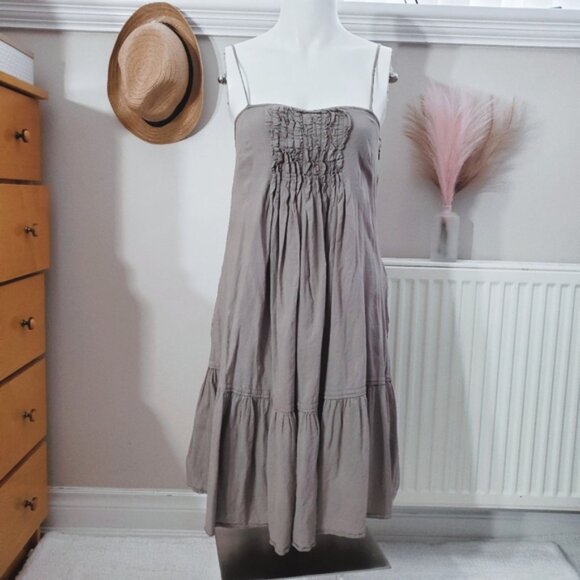 Gap Sandy Taupe Drop Waist Pleated Strappy Midi Dress - Picture 3 of 16